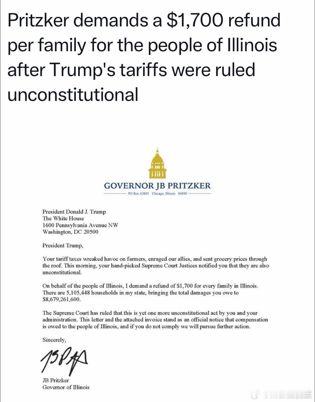 伊利诺伊州长致信美国总统，要求联邦政府给本州五百万家庭，每户退税一千七百美元，作