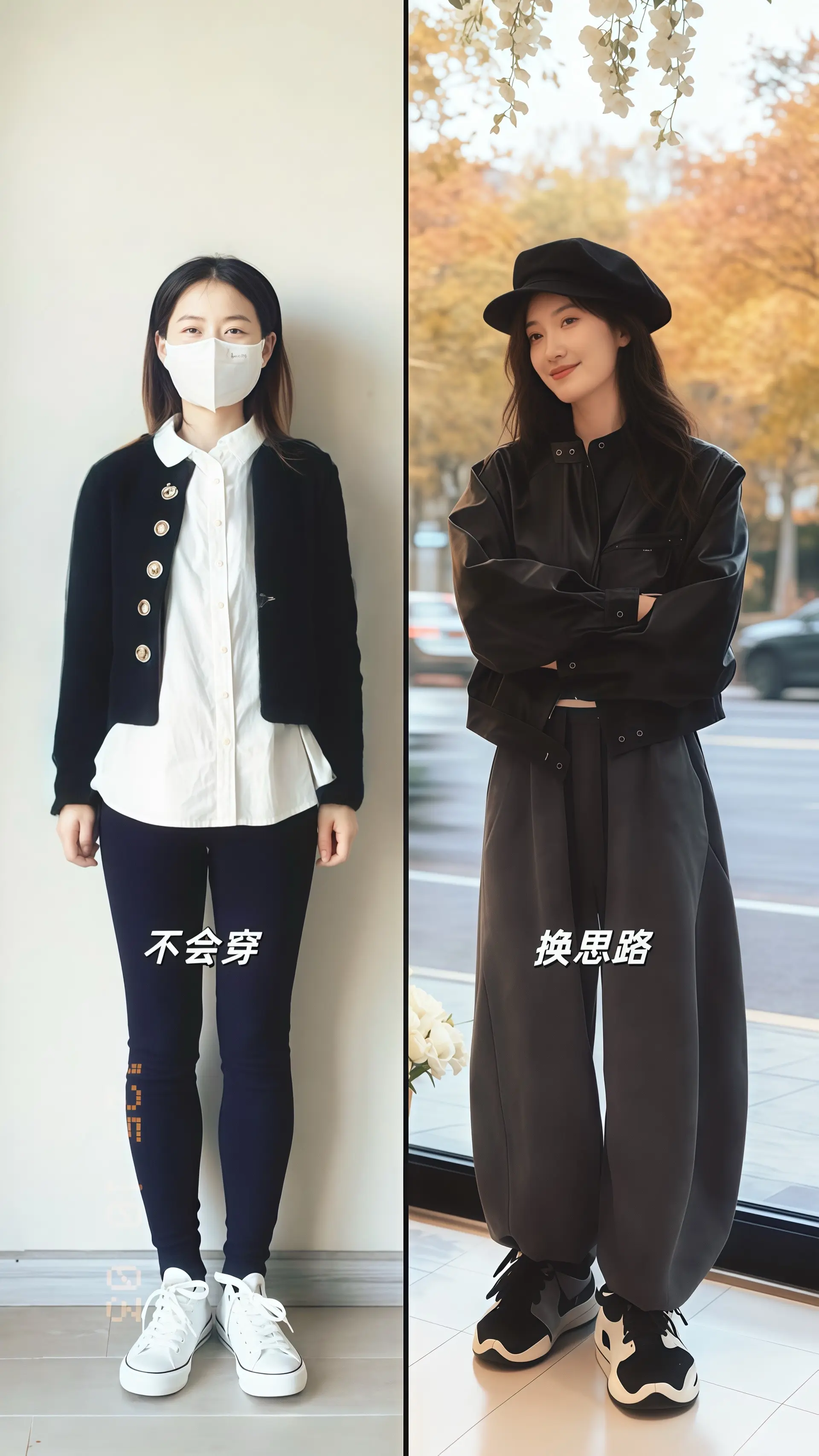 她穿着时尚复古港风休闲两件套，宽松的廓形带着随性慵懒，皮革与软质面料碰...