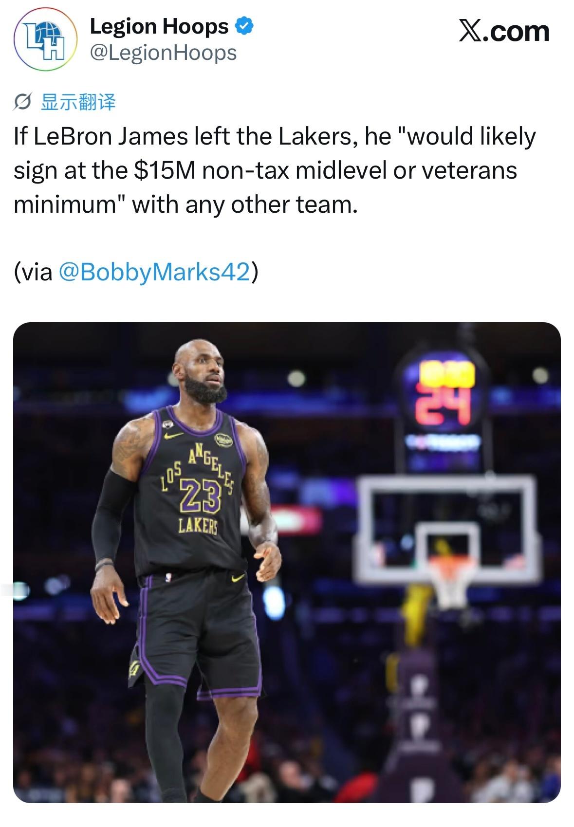 薪资专家Bobby Marks：如果勒布朗-詹姆斯离开湖人，他在其他球队“大概率