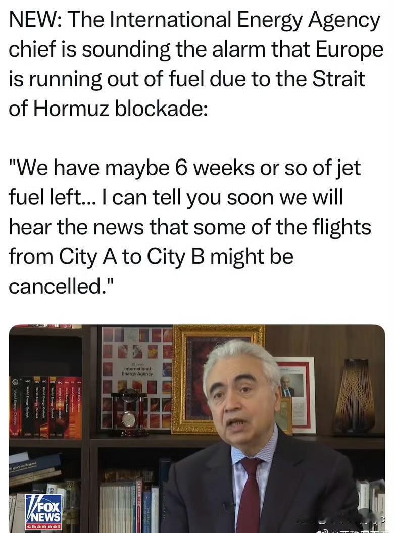 国际能源组织：欧洲的航空燃油，只剩六周左右，很快就会有各个城市间的航班取消 ​​