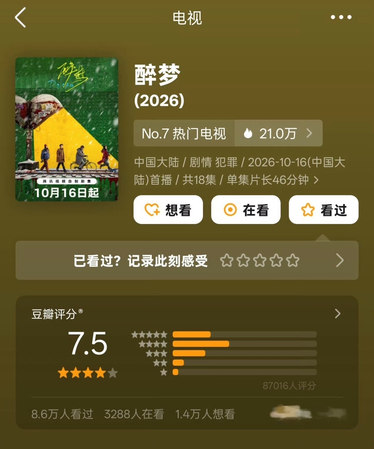 恭喜刘诗诗醉梦豆瓣开分7.5[送花花]8.6w人评分 ​​​