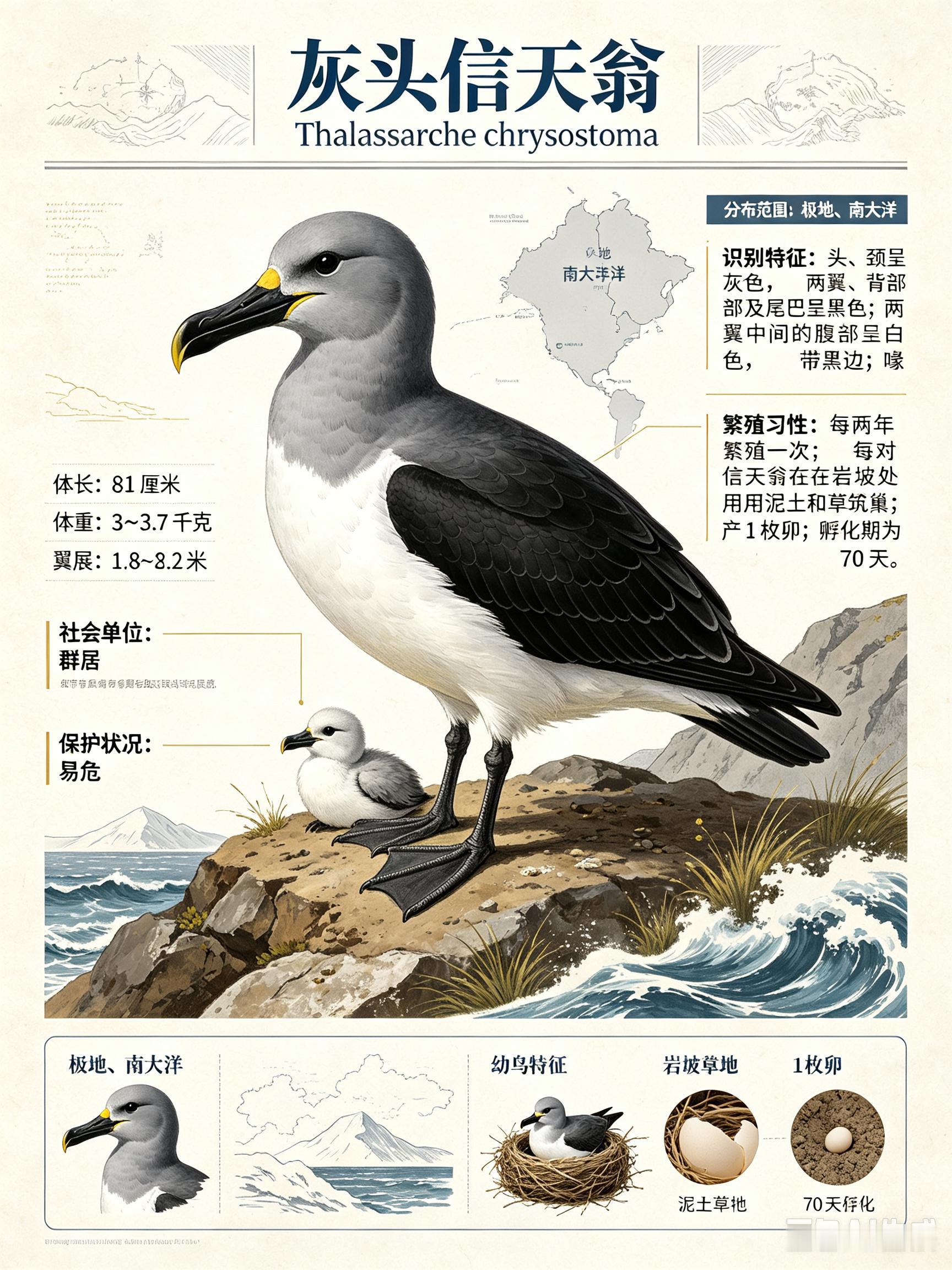 鸟类朋友图鉴 灰头信天翁体长：81 厘米体重：3~3.7 千克翼展：1.8~2.
