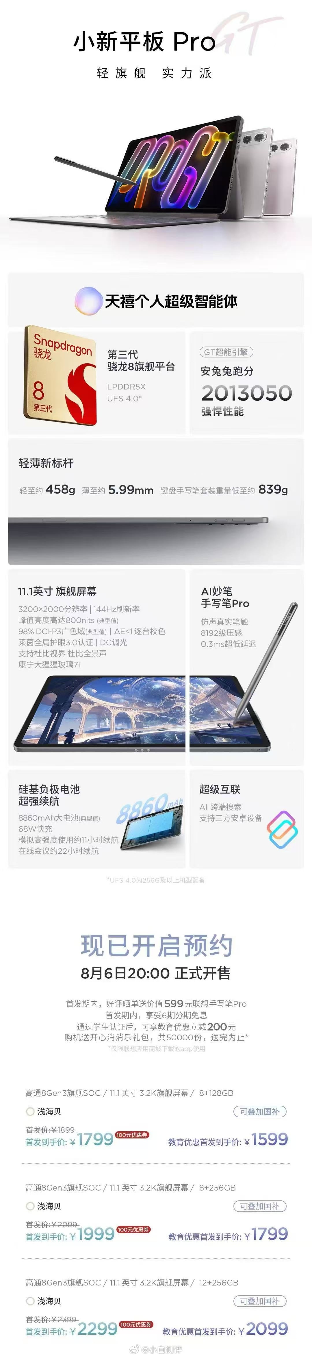 小新今天发了俩新平板Pro GT：11.1英寸16:10 144Hz LCD屏，