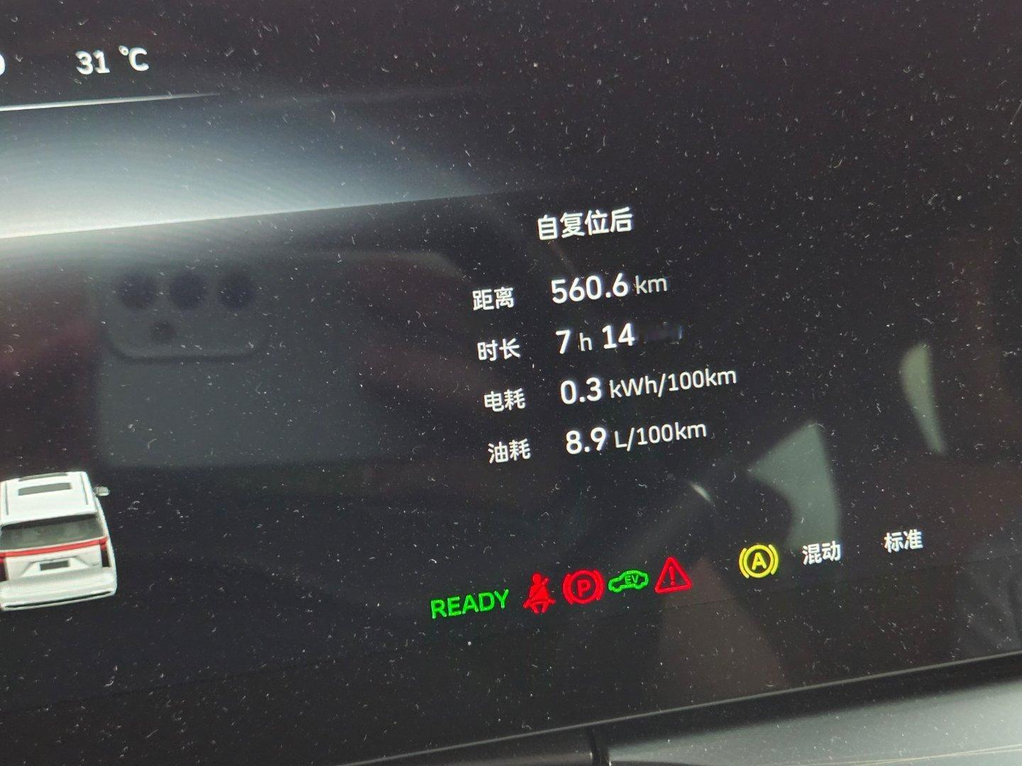 这回来东北测了一下我这辆高山行政加长版馈电油耗。比如这一箱油，使用混动模式，电量