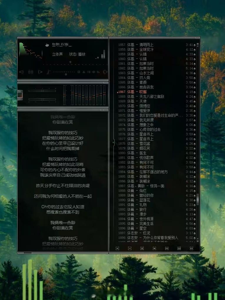 没想到还有在用千千静听的，配上歌词插件和音乐频谱，没有花里胡哨的东西，清清爽爽的