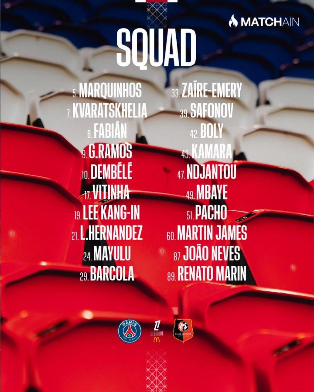 法甲  对阵雷恩大名单巴黎圣日耳曼