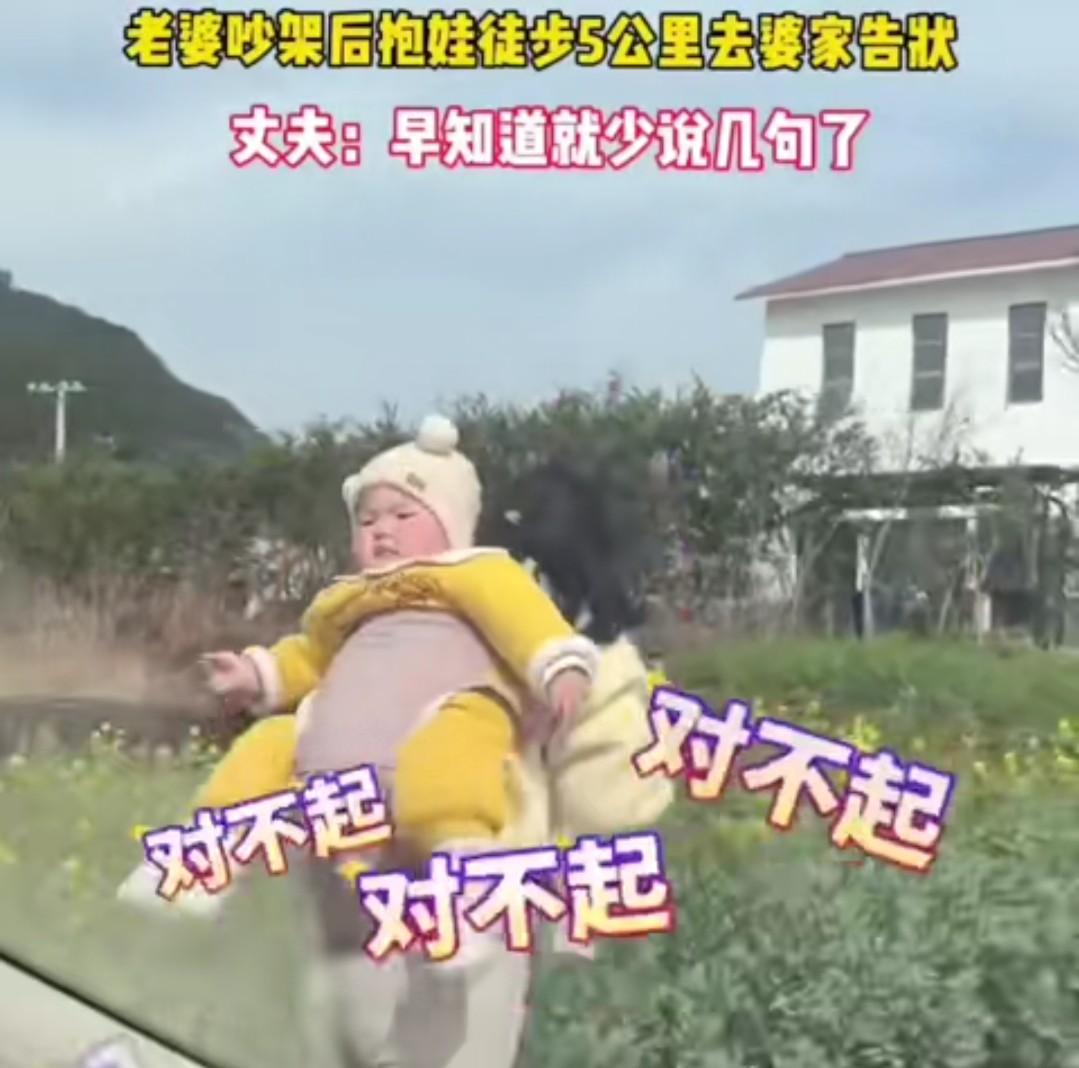 刷到一个博主半年前发的视频，他和他老婆吵架了，她老婆一气之下，背着孩子徒步回婆家