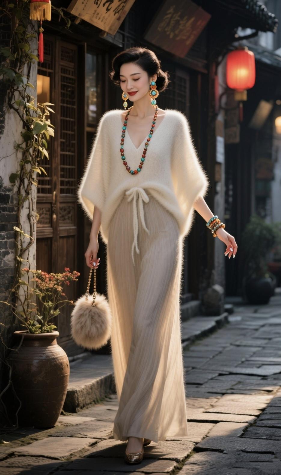 《青石板上的回响》
 
青石板衔着晨光，
她从深巷里走来，
绒衫轻裹着江南的软，