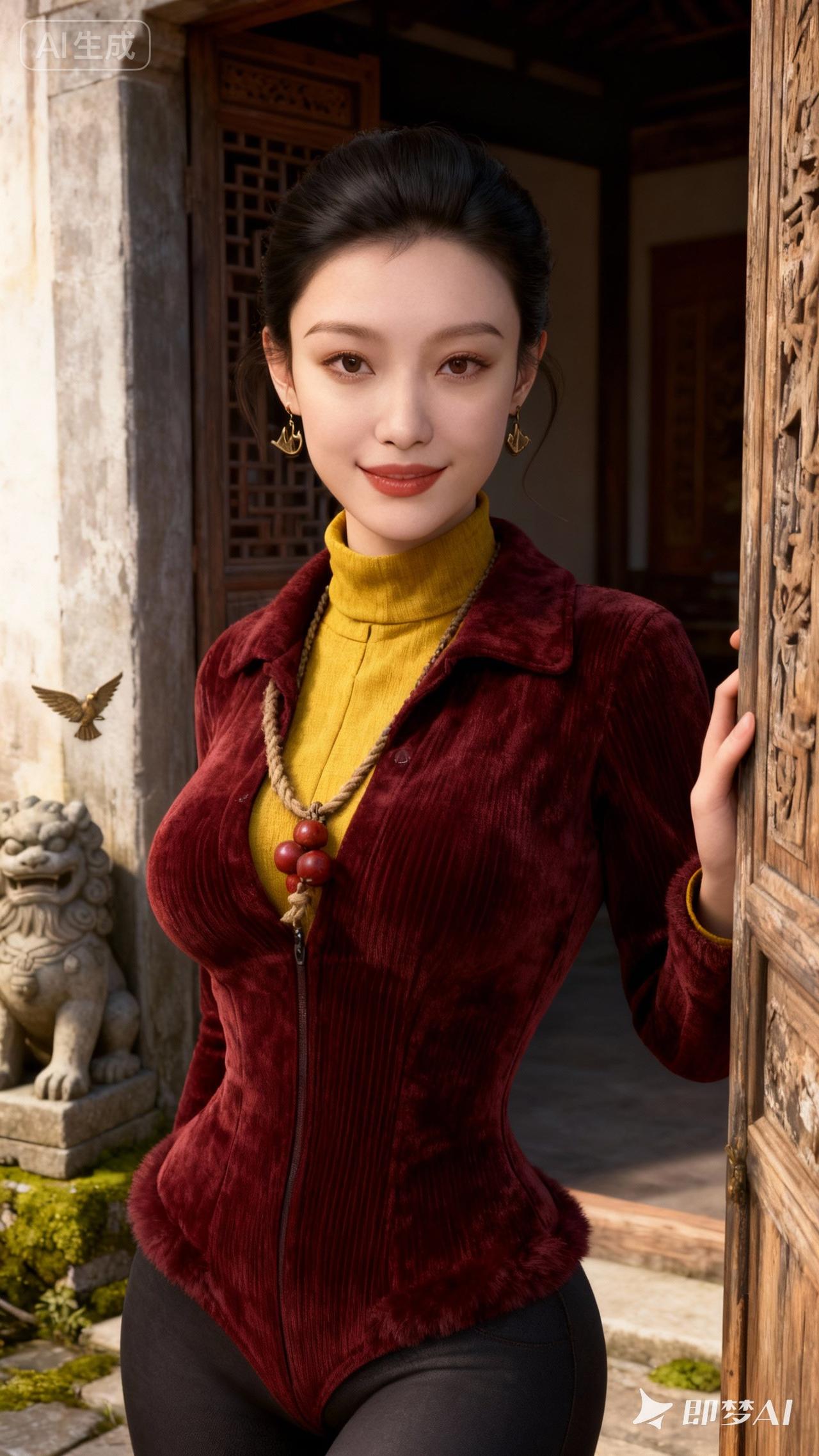 复古中国风穿搭，红衣少女与古风庭院相映成趣