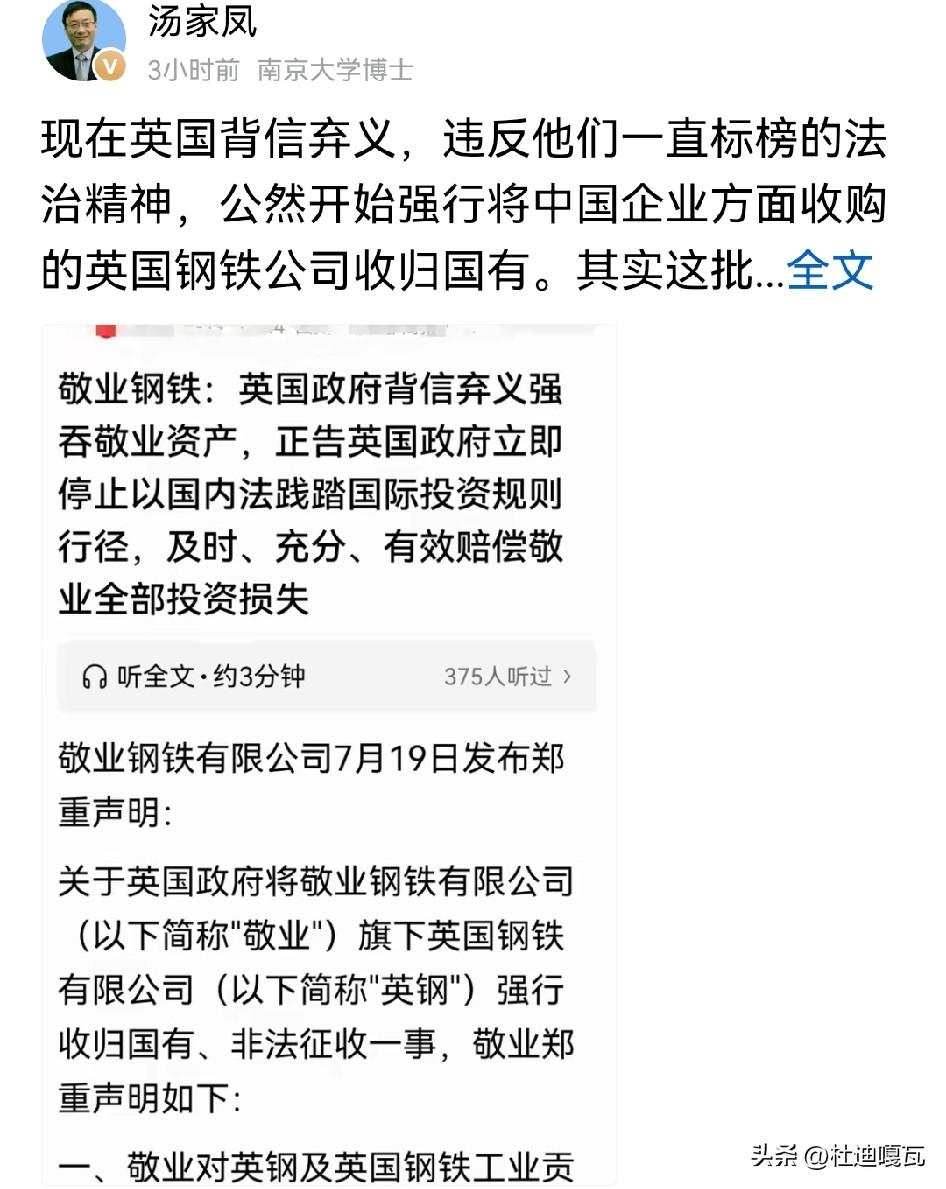 汤家凤直言，这种强行收走中资企业，算是撕开了西方规则的虚伪面具！
英国最近干了件