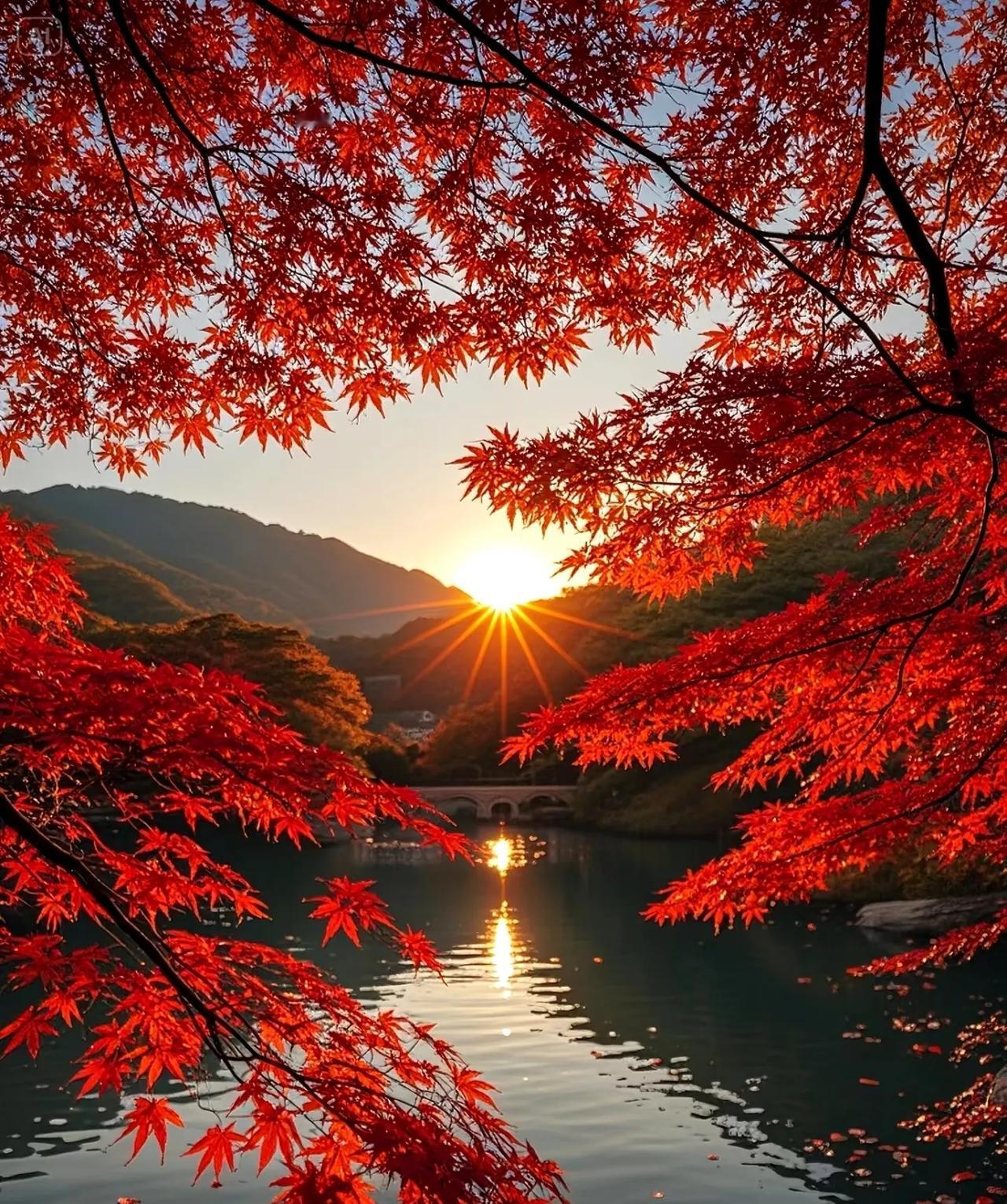 枫叶红于二月花，山水画中醉晚霞。枫叶红遍山河美 枫叶飘在地 枫叶红遍天 火红枫叶