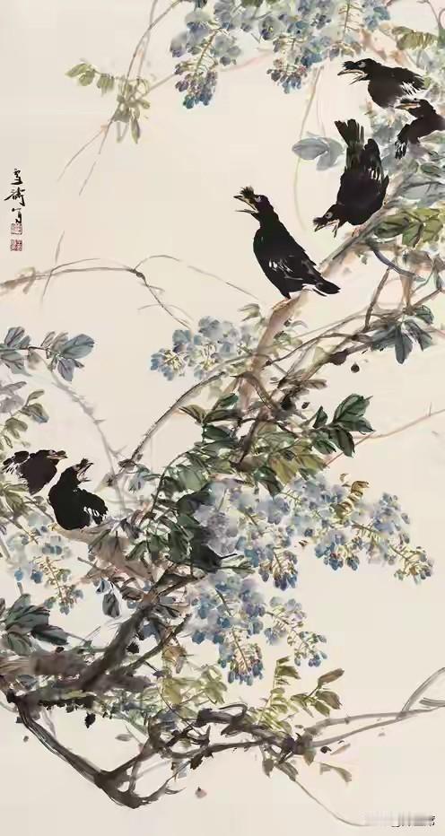 王雪涛先生是近现代小写意花鸟宗师，八哥是其经典禽鸟题材，常配紫藤、凌霄、红梅、山