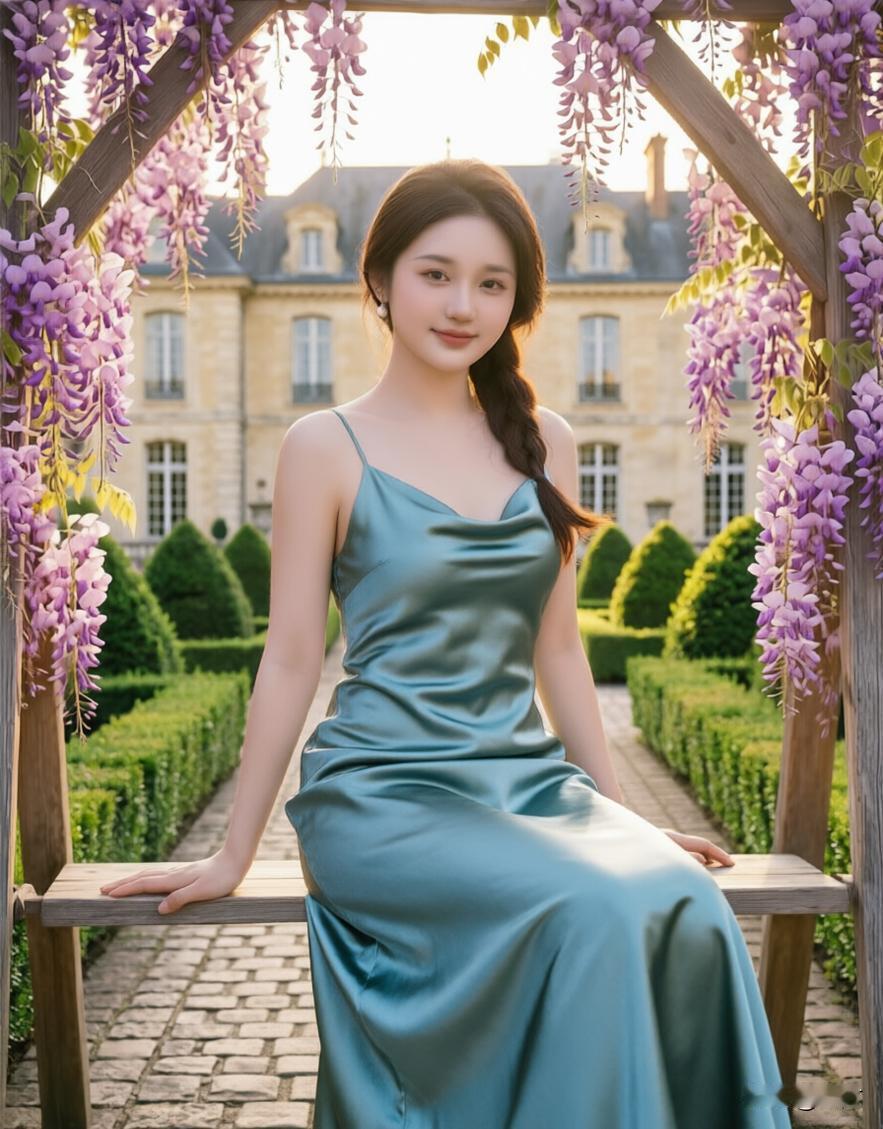 优雅吊带连衣裙美女，置身花海与法式建筑间，浪漫时光定格。