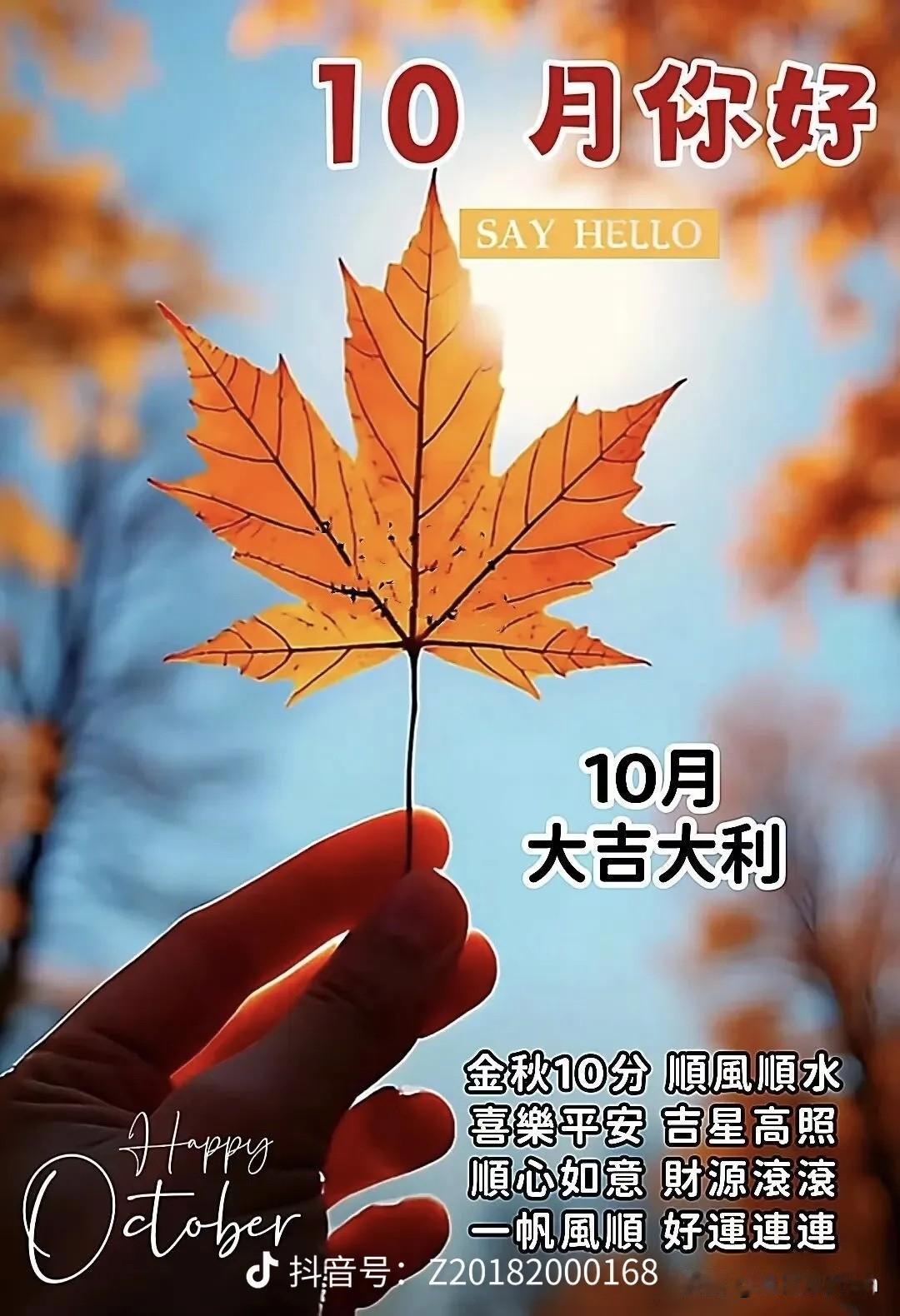 亲爱的
愿金秋十月
你的每天阳光明媚
你的风雨有我来陪
你的左右充满花香
你的心