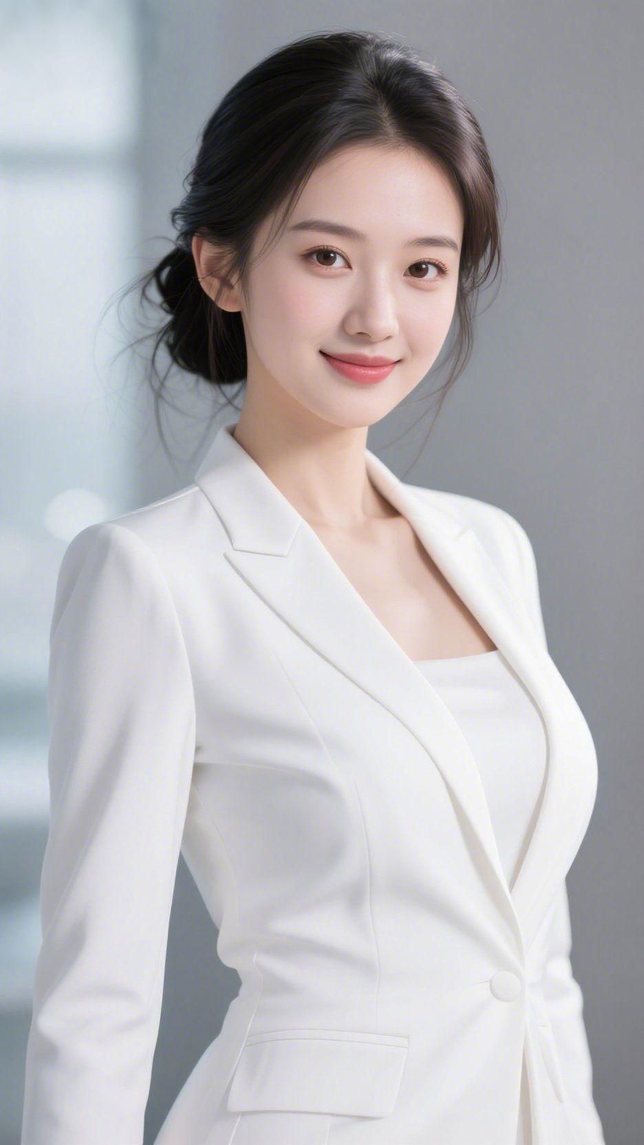 《白西装里的温韧之姿》
 
她身着月白西装，似将春日的柔光裁进了利落的线条里。