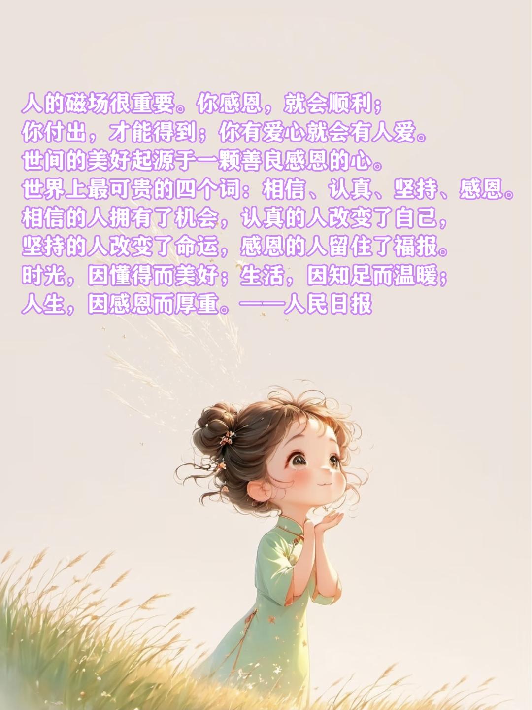 人的磁场很重要。你感恩，就会顺利；你付出，才能得到；你有爱心就会有人爱。世间的美