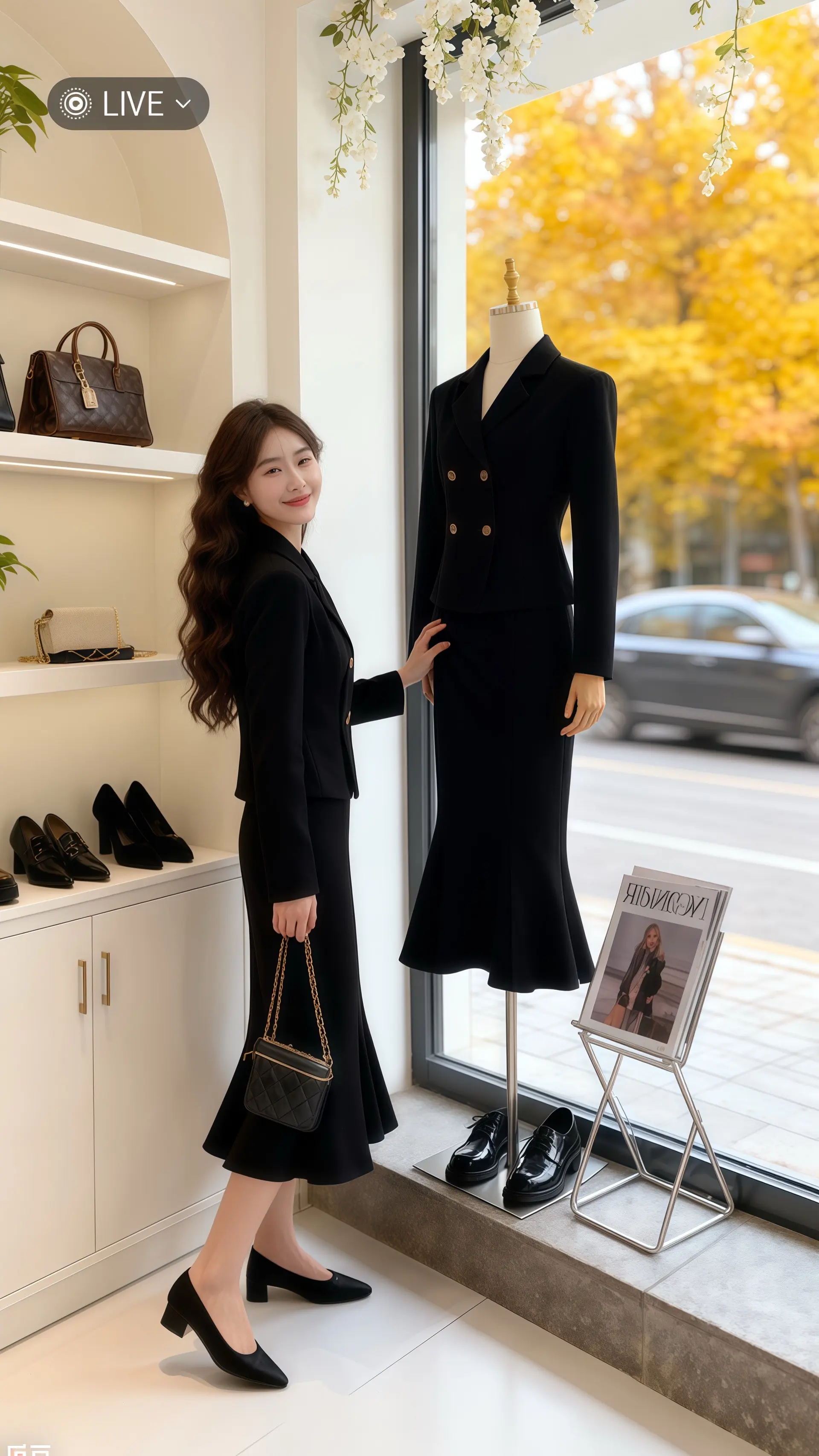 她穿着秋冬新款时尚两件套，灯芯绒收腰外套勾勒出优雅曲线，半身裙的裙摆随...