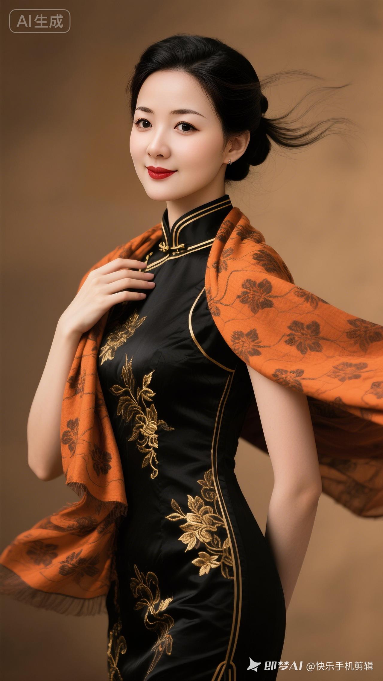 一位美女穿着旗袍，披着橙色披肩。