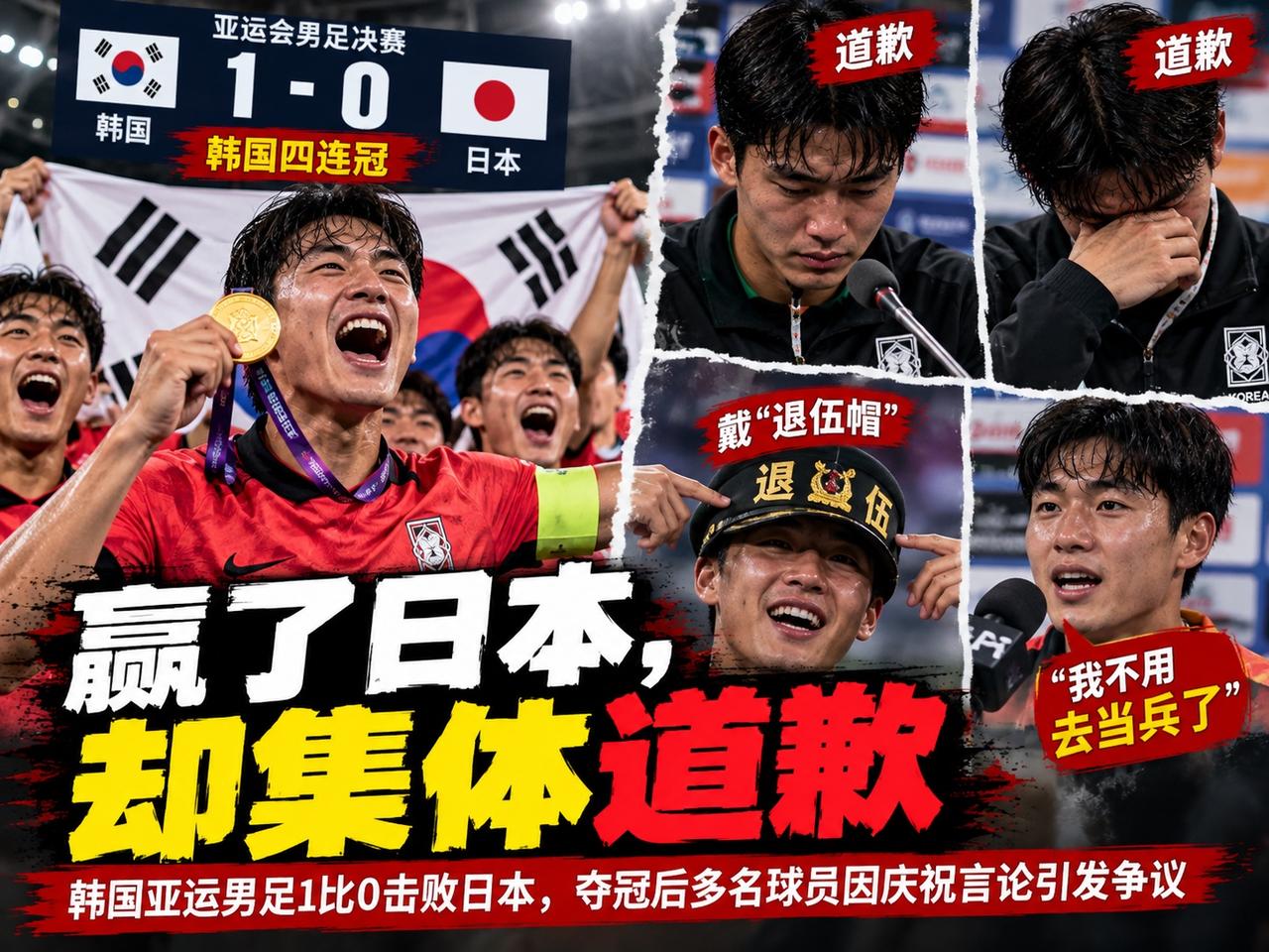 韩国队刚刚干了一件本来应该被全国球迷夸上天的事。

亚运会决赛1比0击败日本，连
