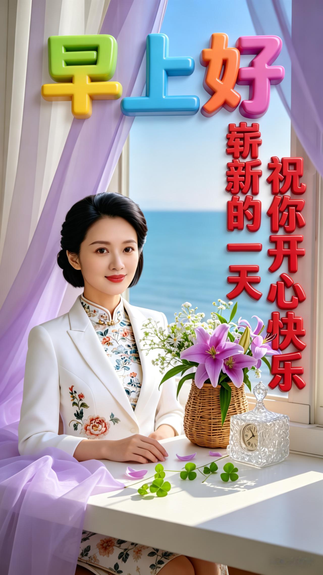 清晨美女静坐窗前桌旁，上方悬浮着立体彩色滚动大字“早上好”，下方竖排立体红色中字