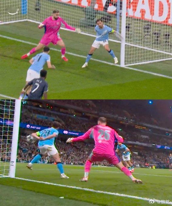 曼城vs皇马 B席背着手，胳膊肘伸出去挡住皮球，红点套餐。欧冠裁判的很多判罚尺度