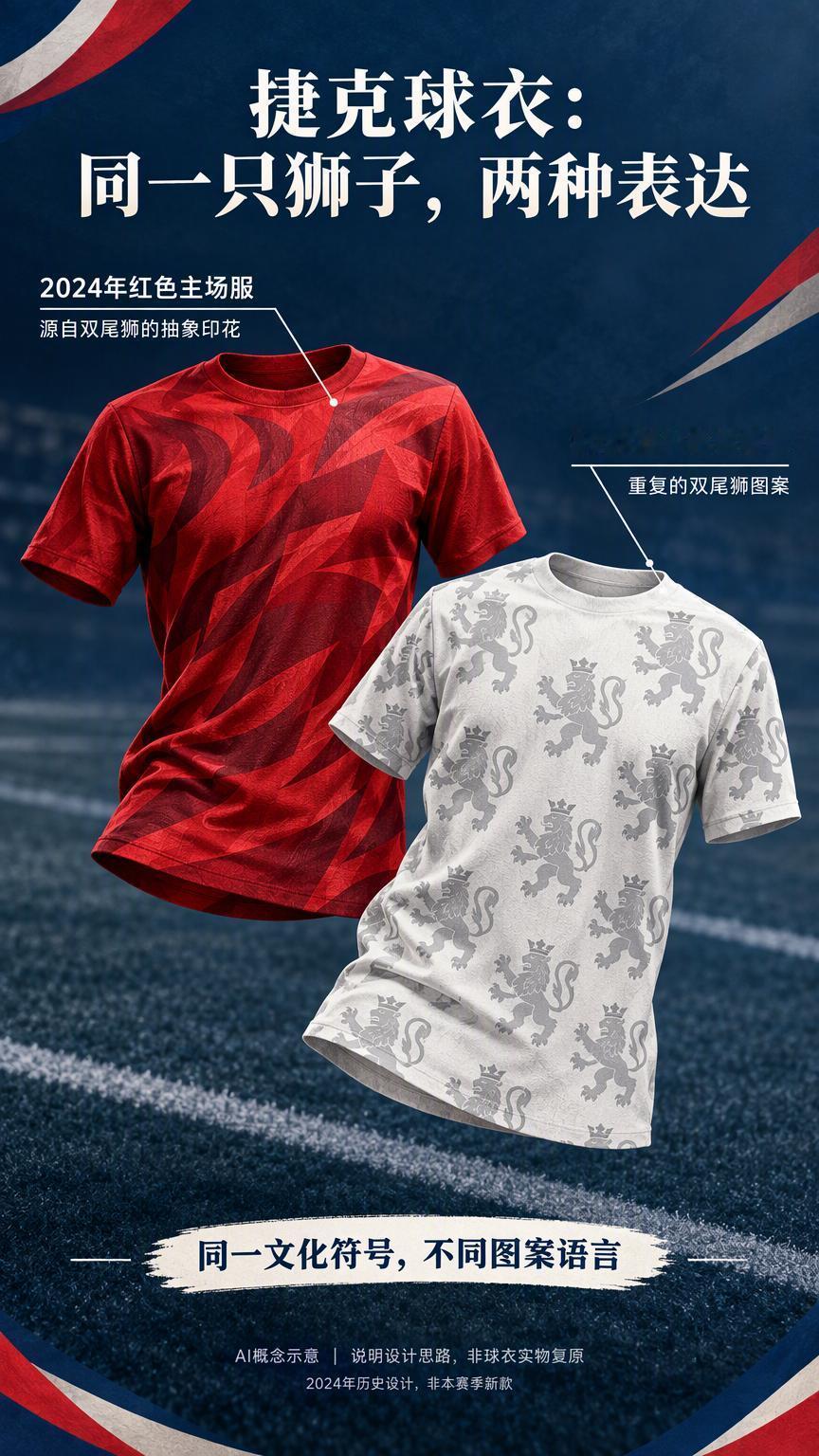 捷克球衣上的双尾狮，不一定要画成一只完整的狮子一只狮子，两条尾巴，到了球衣上，却