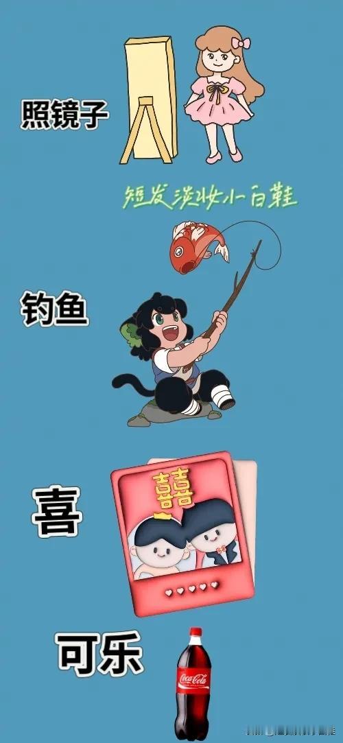 照镜子 钓鱼 喜 一瓶可乐，打一成语—————
本题答案可能有点难，四个图案都带