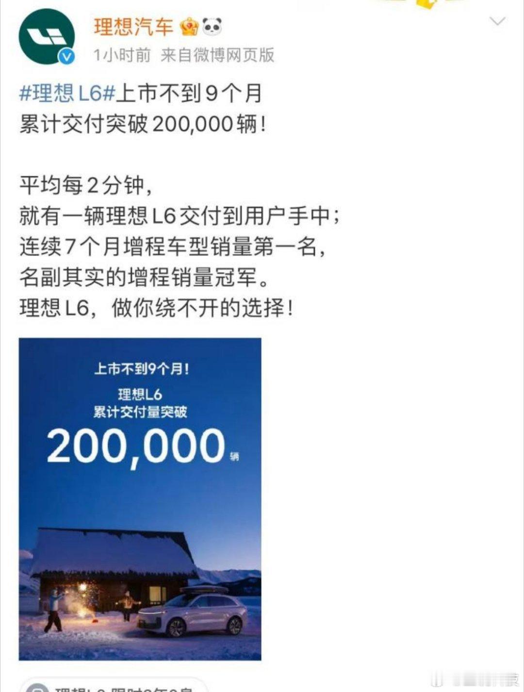 理想L6九个月交付超20万辆  理想也太狠了，九个月就交付了二十万辆，平均一个月