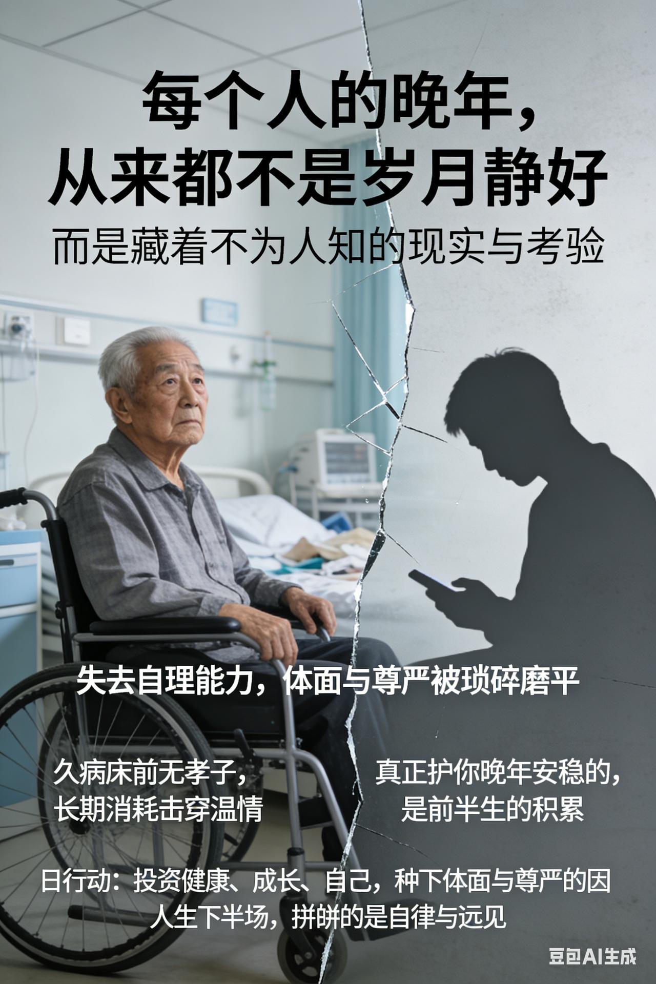 “这几天在急诊室陪家人，
看见满屋的老人，
腿基本都枯瘦到像一根根枯枝，
身上都