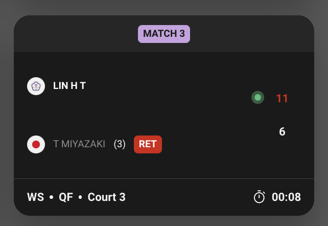 林湘缇 11-6 🇯🇵宫崎友花（退赛）2026年瑞士羽毛球公开赛