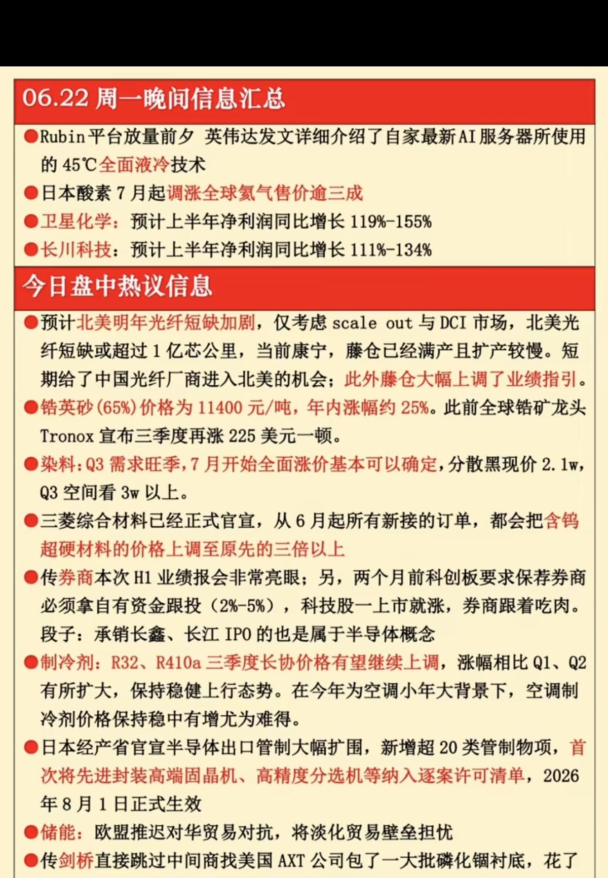6.22周一晚间：  财经热点汇总！

1.全面液冷
2.氦气涨价3成
3.光纤