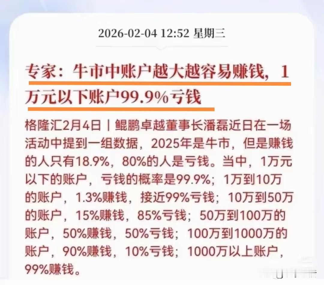 账户越大越赚钱，1万元以下99.9%亏钱！这位专家总结出来的牛市赚钱概率，是不是