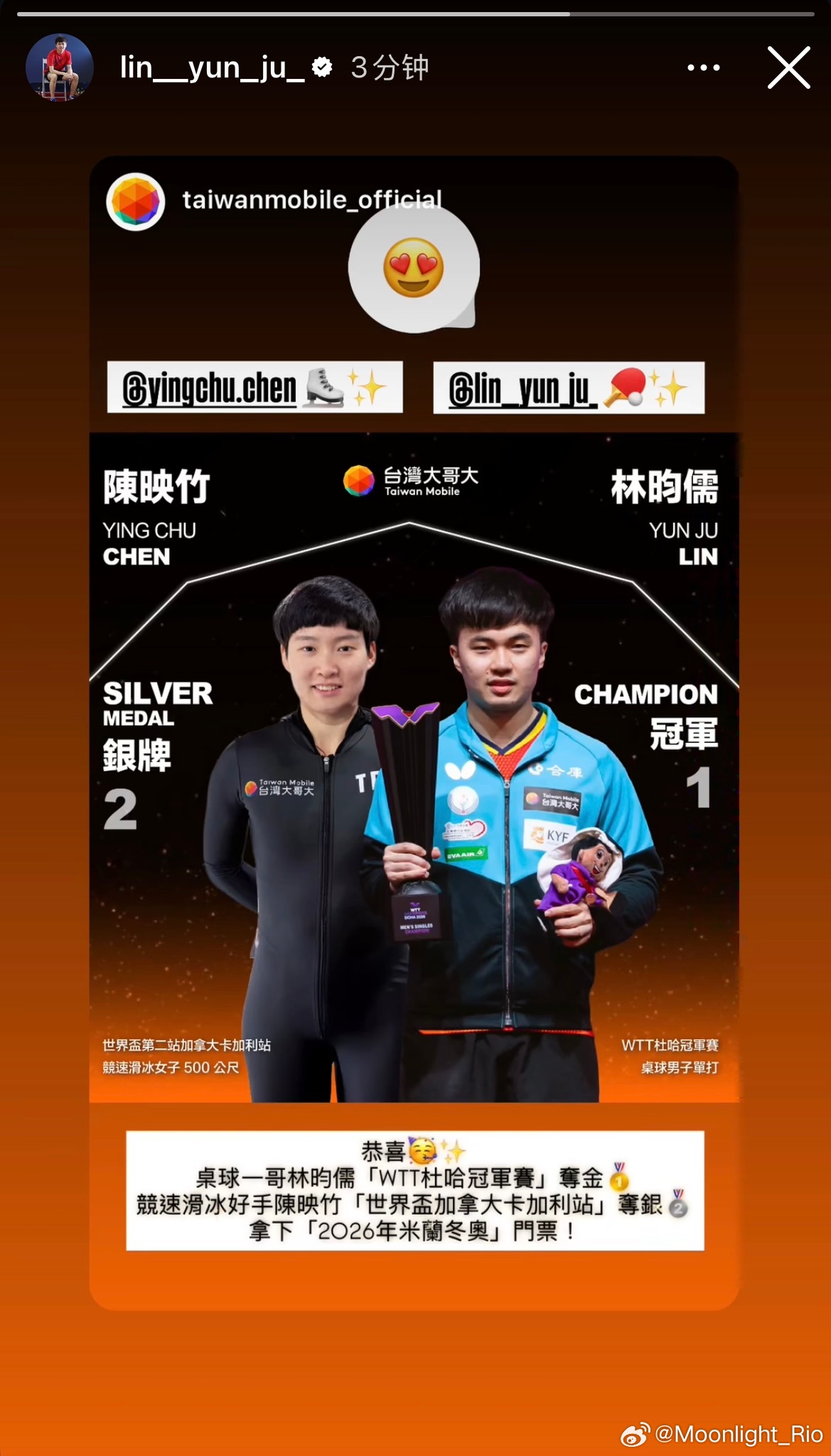 林昀儒转发台湾大哥大贺图 