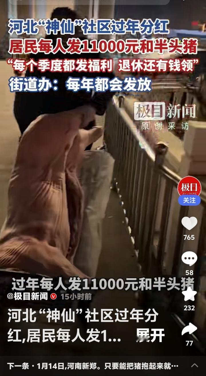 河北石家庄“神仙社区”过年豪横分红！每人万元现金加半头猪，季度福利不断，退休还有