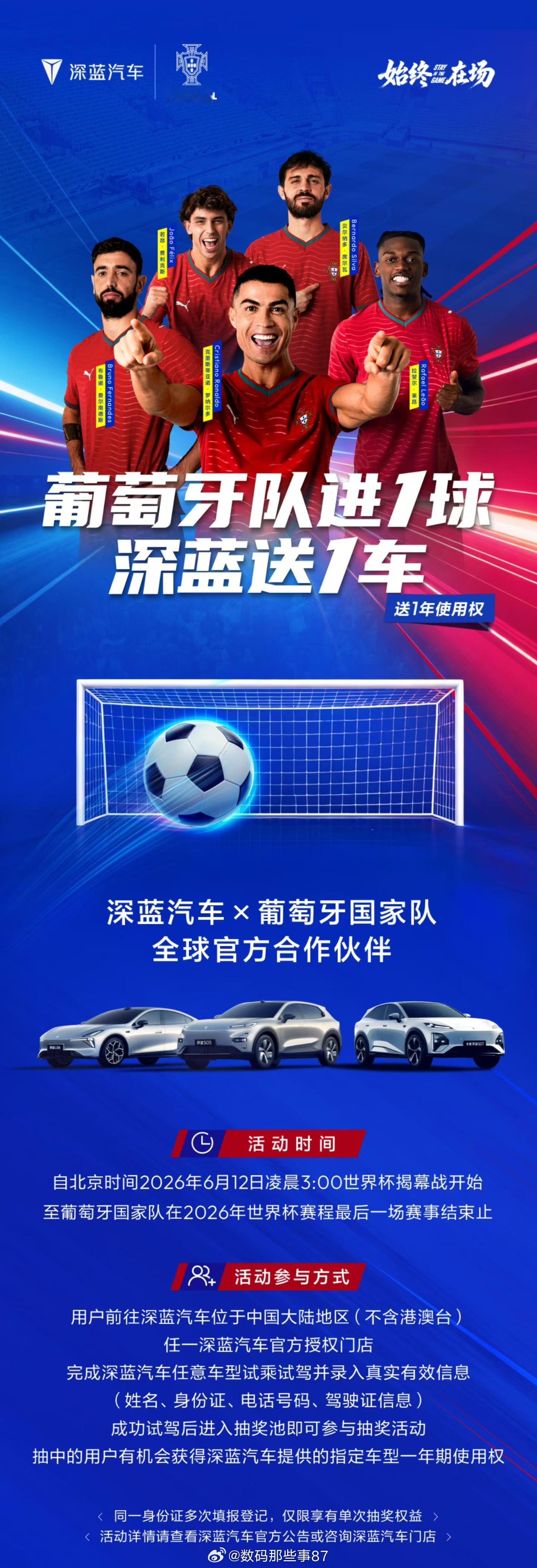 深蓝汽车和葡萄牙国家队深度合作，葡萄牙队进一球就抽一辆汽车。咱们有一说一，深蓝汽