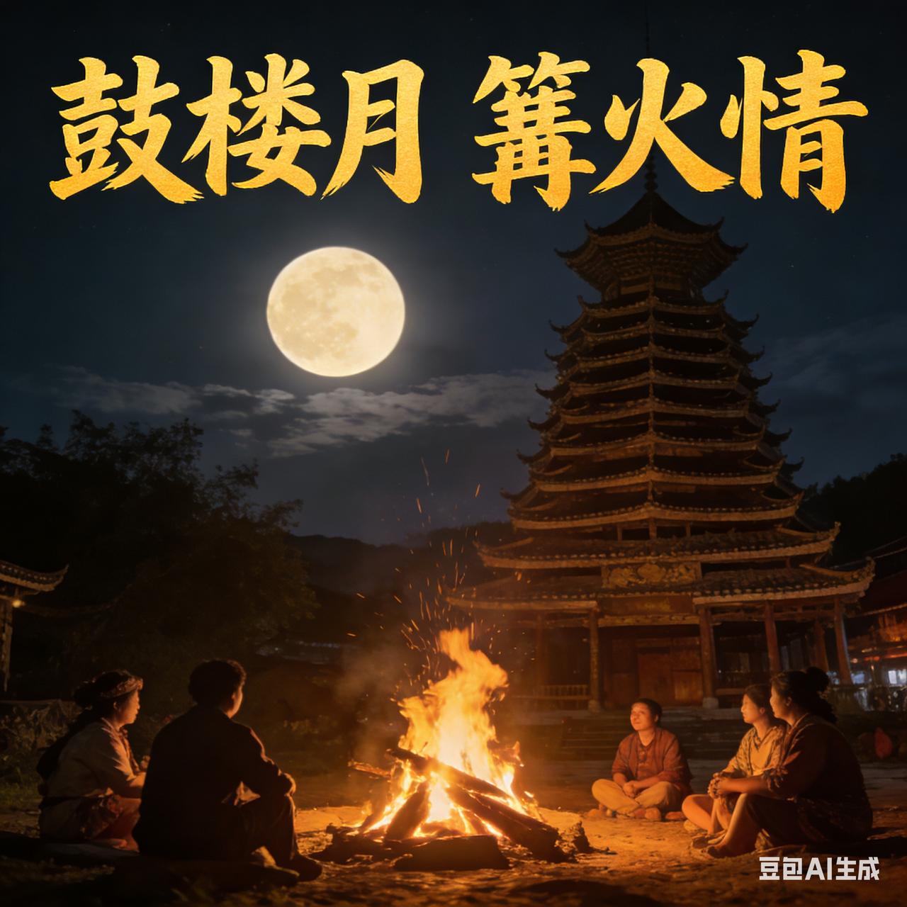 七绝 侗寨夜欢
 
月挂青山堂瓦静，
篝红火暖夜分明。
罗衣彩绣翩跹舞，
歌逐清