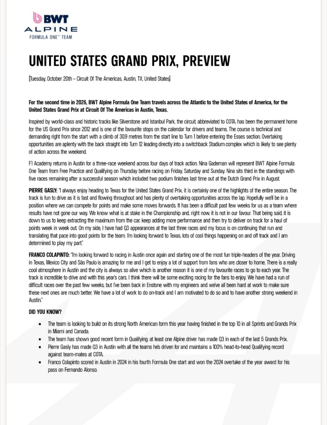 2026 Formula One United States Grand Pri