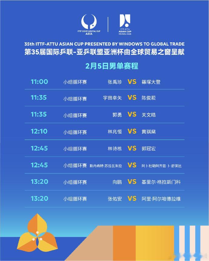 第35届国际乒联-亚乒联盟亚洲杯海口亚洲杯 2月5日、6日赛程 