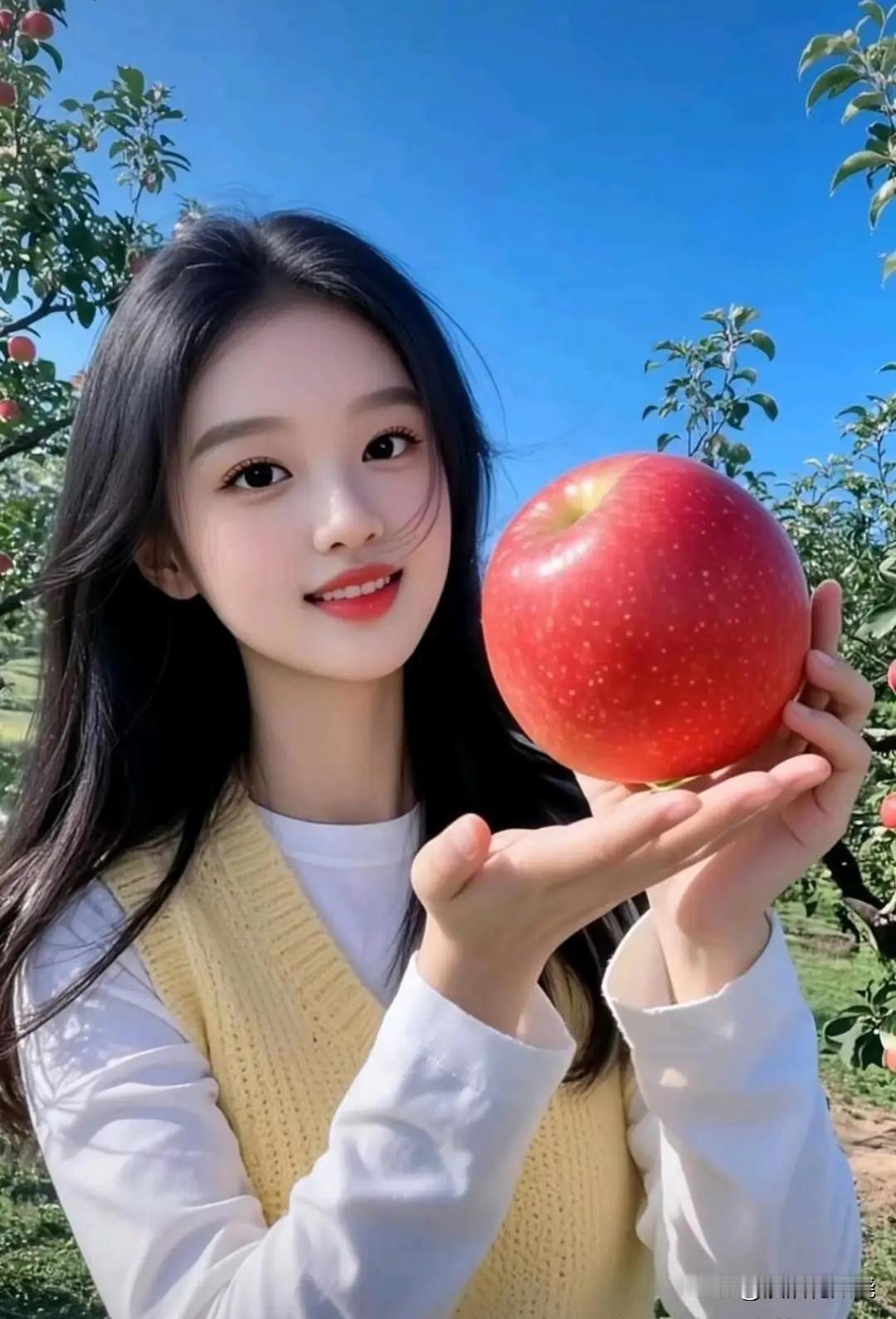 阳光下的甜美苹果，少女与自然的完美邂逅🍎🌞