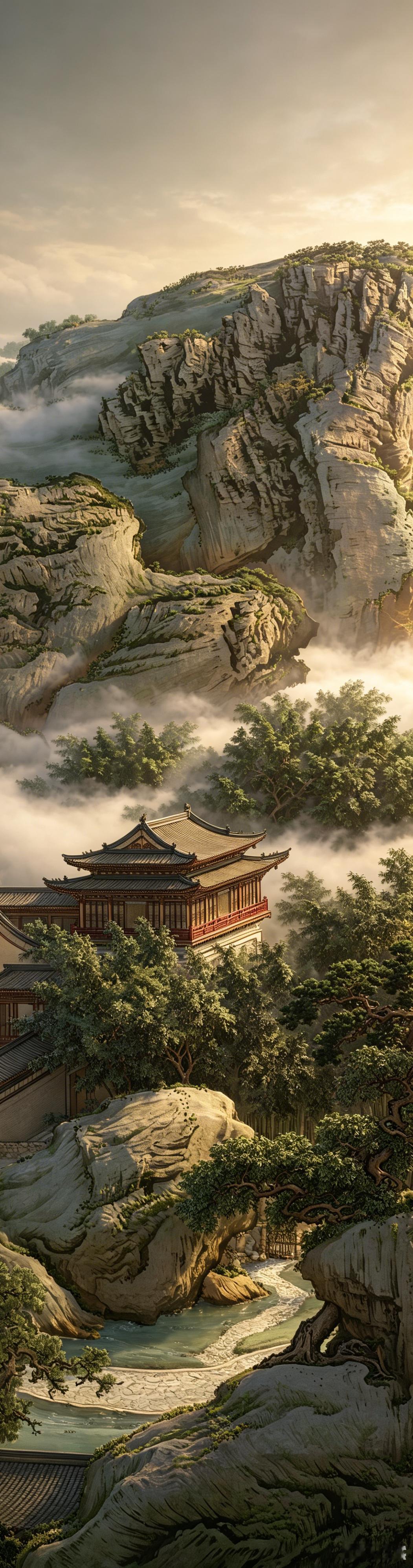 清 袁江《竹苞松茂图》（AI复原图）