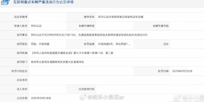 说唱歌手诺米无证驾驶被交警处罚 28日，浙江省公安厅交通管理局“交通安全综合服务