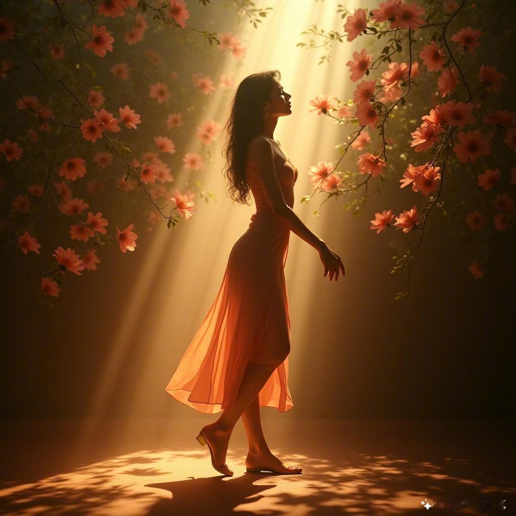 阳光透过花瓣，光影交织，优雅舞动的身影与花海共谱梦幻诗篇。🌸✨  光影艺术  