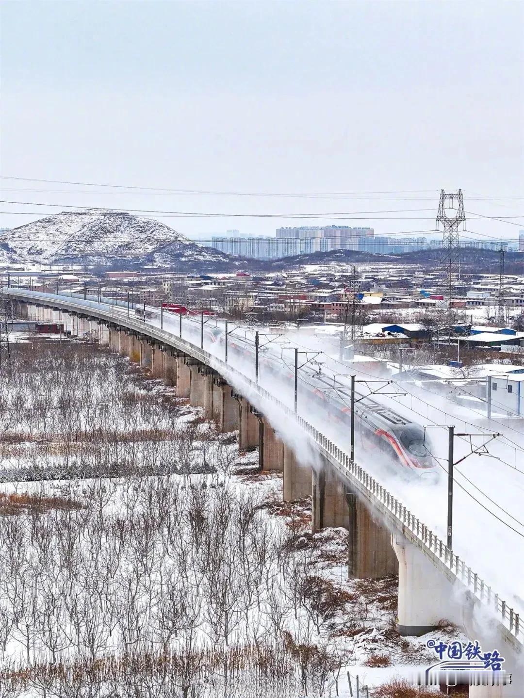 风雪中的“龙”腾之旅

龙年初雪舞翩跹，复兴号驰骋画卷间。
原野一夜银装裹，华北