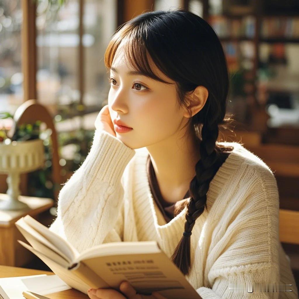 在温馨的咖啡馆内，一位美女静坐在窗边，阳光透过玻璃洒在她柔软的发丝上，为她镀上一