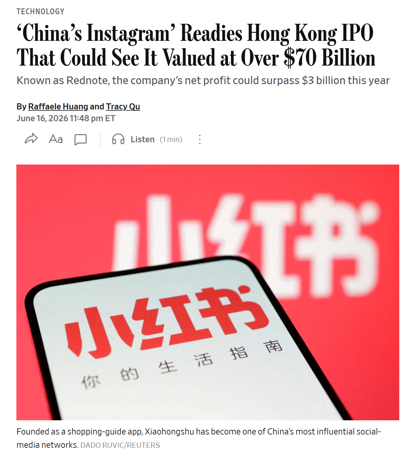 华尔街日报：小红书计划最早于今年年底在香港 IPO，估值 700 亿美元。 