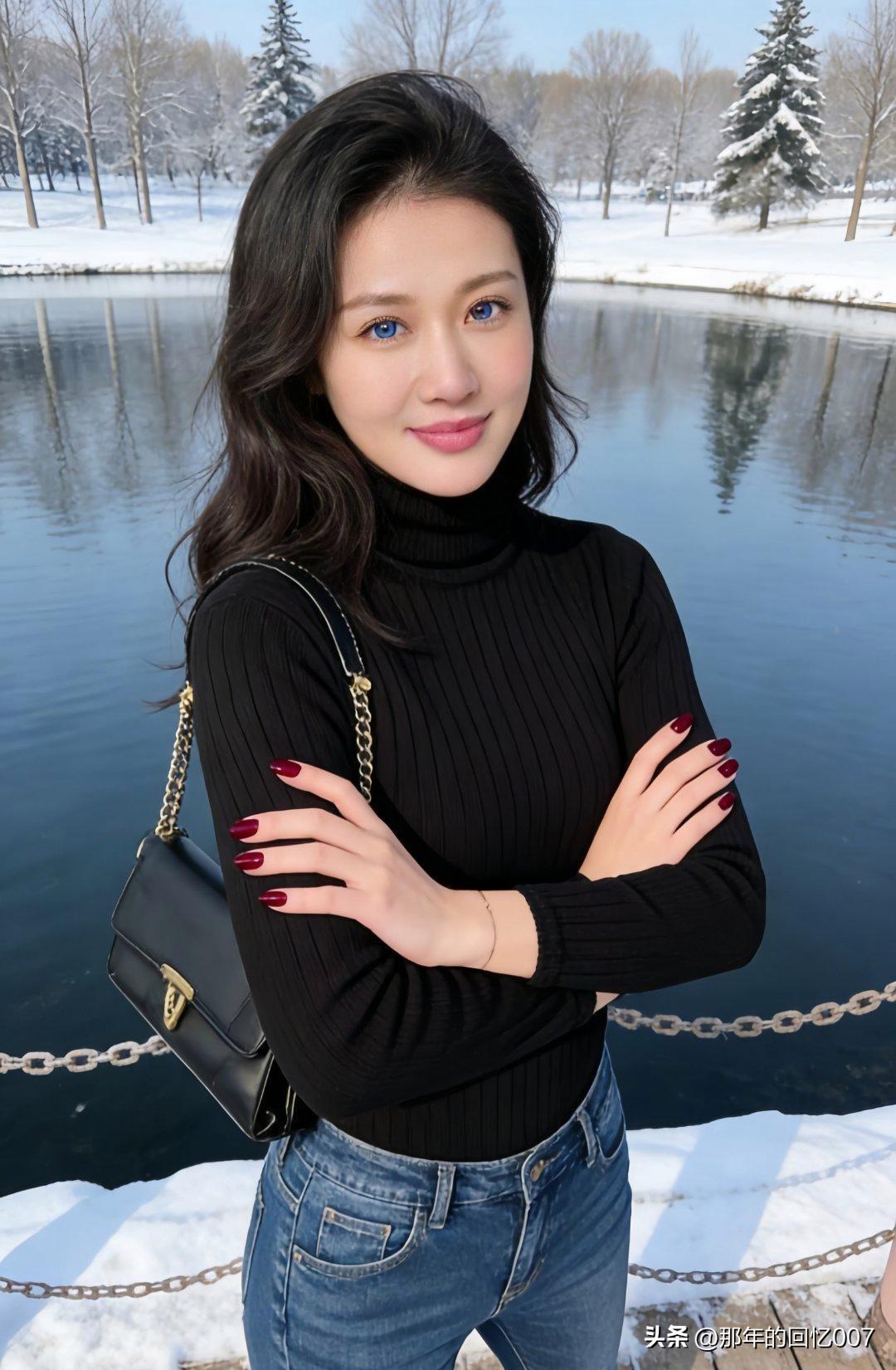 冬日暖阳洒下，一个黑衣少女与雪景完美融合，成了一道独特的风景线。
雪花纷纷扬扬，