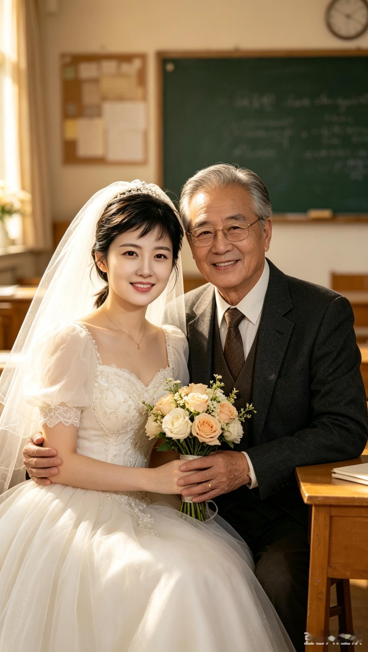 一对新人微笑合影，幸福满满。
婚房佳侣照 女士三十五岁，
男士大学教师退体六十二