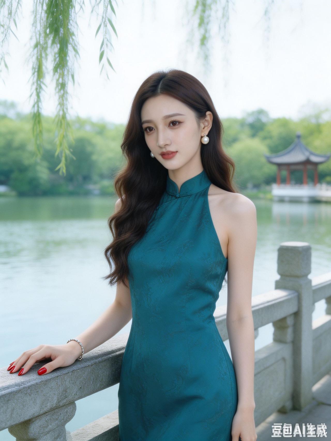 一个漂亮女孩站在湖边，风景很美。