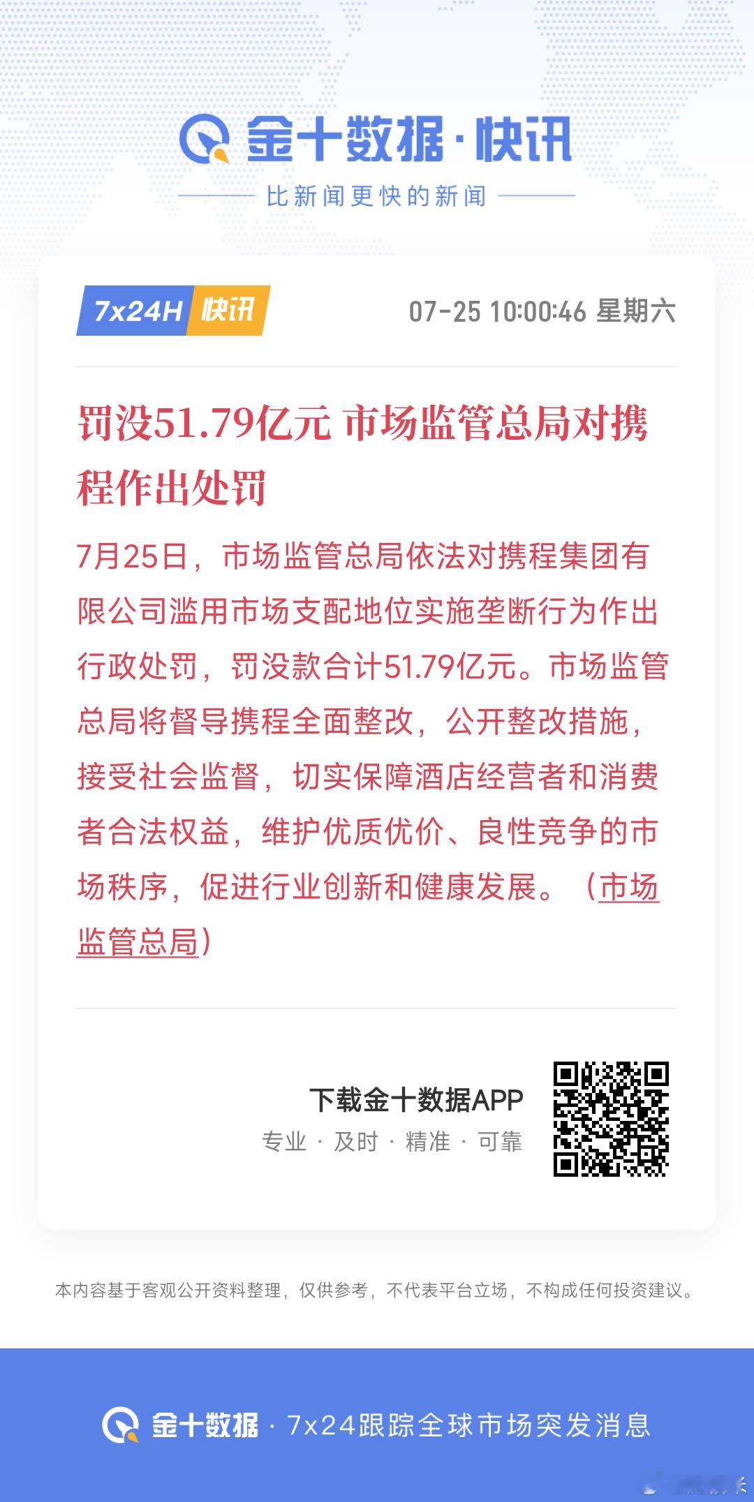 携程被罚51.79亿罚没51.79亿元 市场监管总局对携程作出处罚。携程回应被处