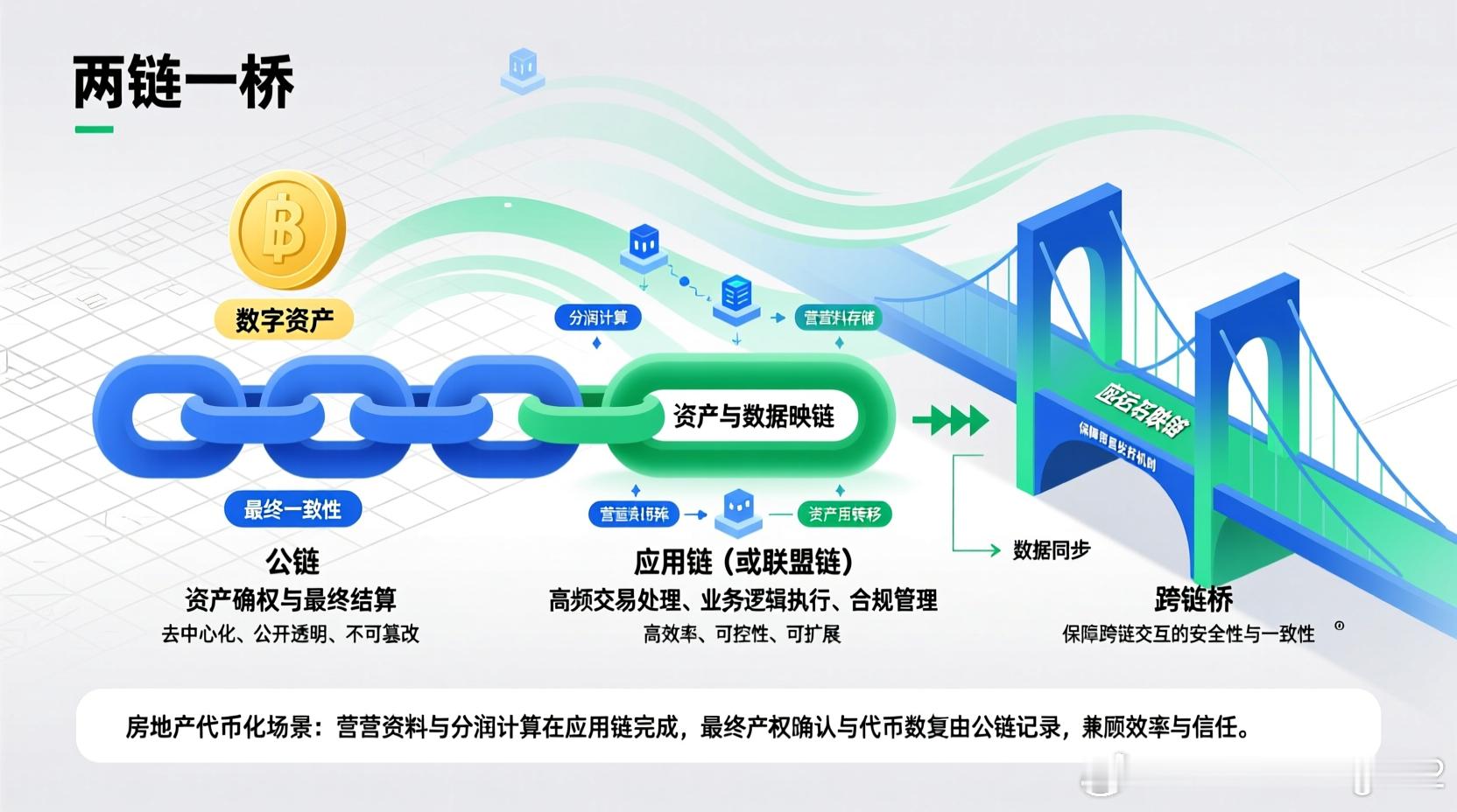 何为两链一桥？两链一桥是一种常见的区块链架构设计，指的是「一条公链＋一条应用链（